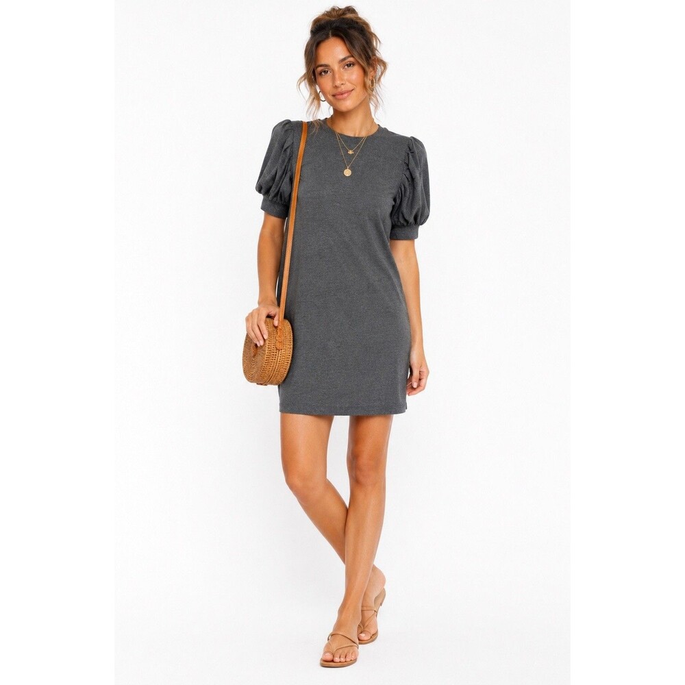 Daily Ritual Puff Sleeve Knit Dress Gray Midi Stretch Casual Womens Medium
